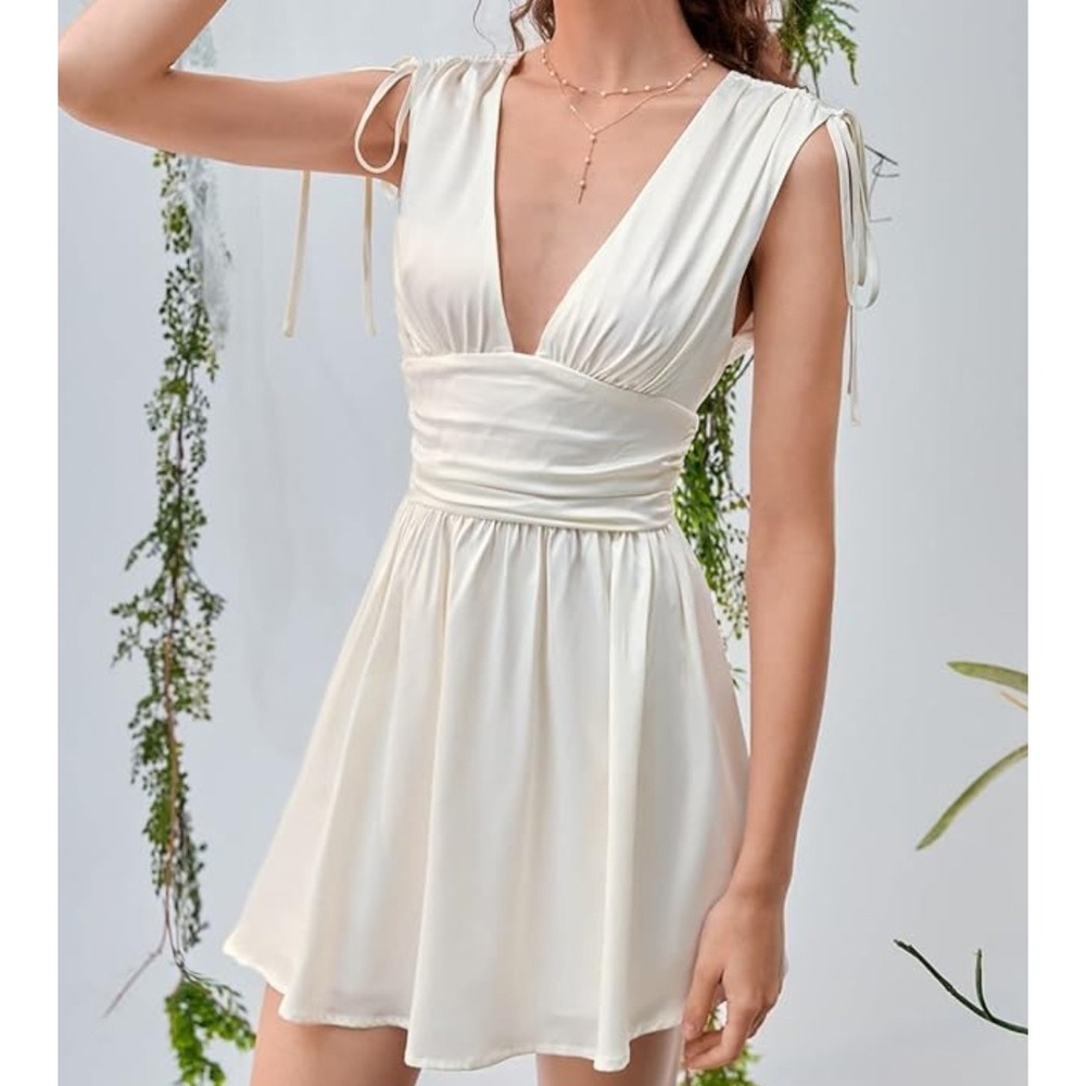 Shein Mod Cream V Neck Mini Dress Sleeveless Tie Strap‎ Ruched S
